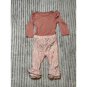 Milkberry Bamboo Baby Girl Ruffle Bodysuit and Leopard Bell Bottom Leggings 3-6M